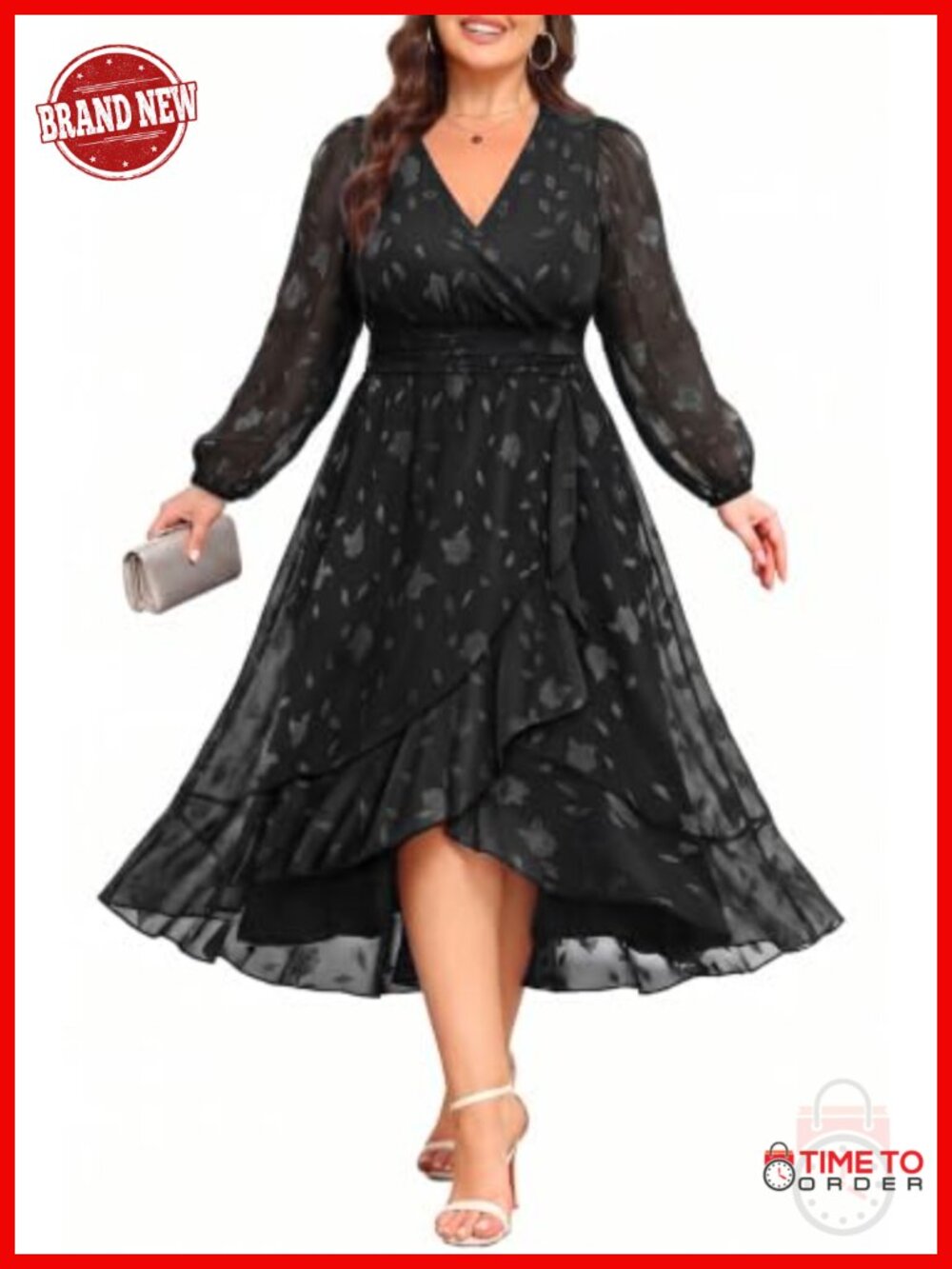 Plus Size High Low Dress Long Sleeve V-Neck Semi Formal Cocktail